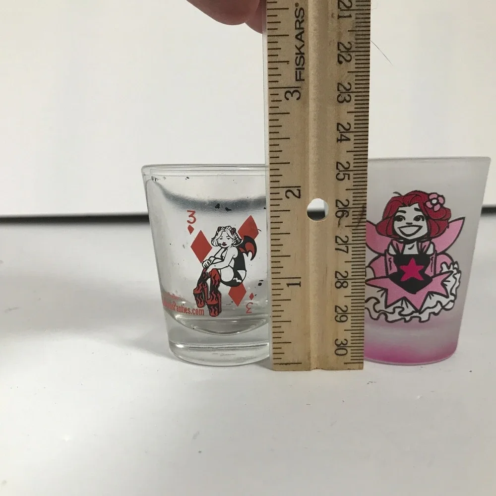 The Devils Panties Comic Shot Glass Set Clear Frosted Pink Fairy Graphic Barware